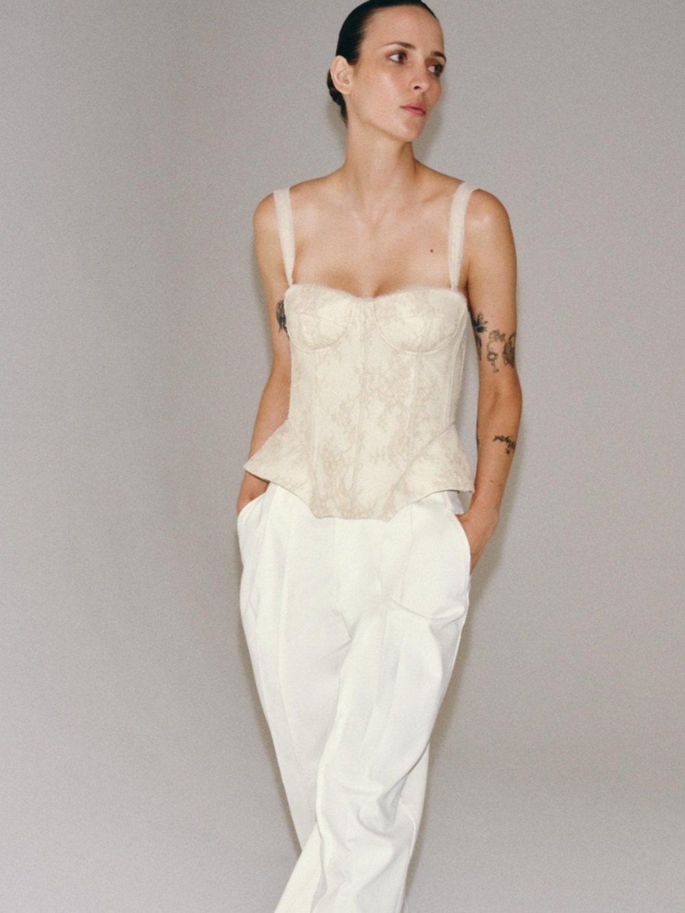 Women's Cream Bustier Top with Subtle Lace Detail